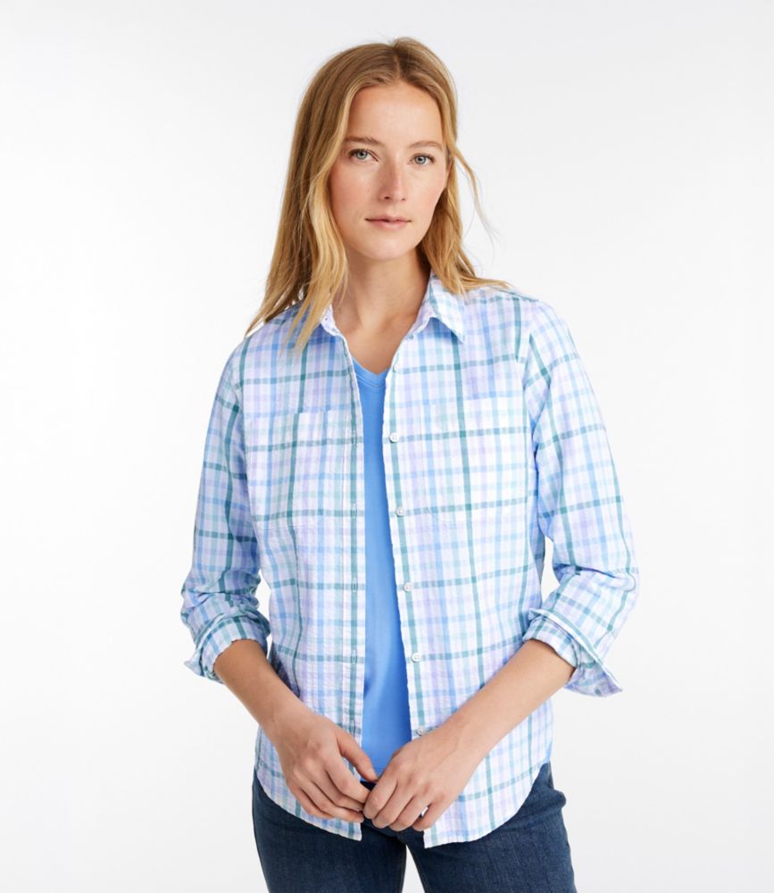 Women's Vacationland Seersucker Shirt, Long-Sleeve Plaid, Flag Blue Plaid, small image number 2