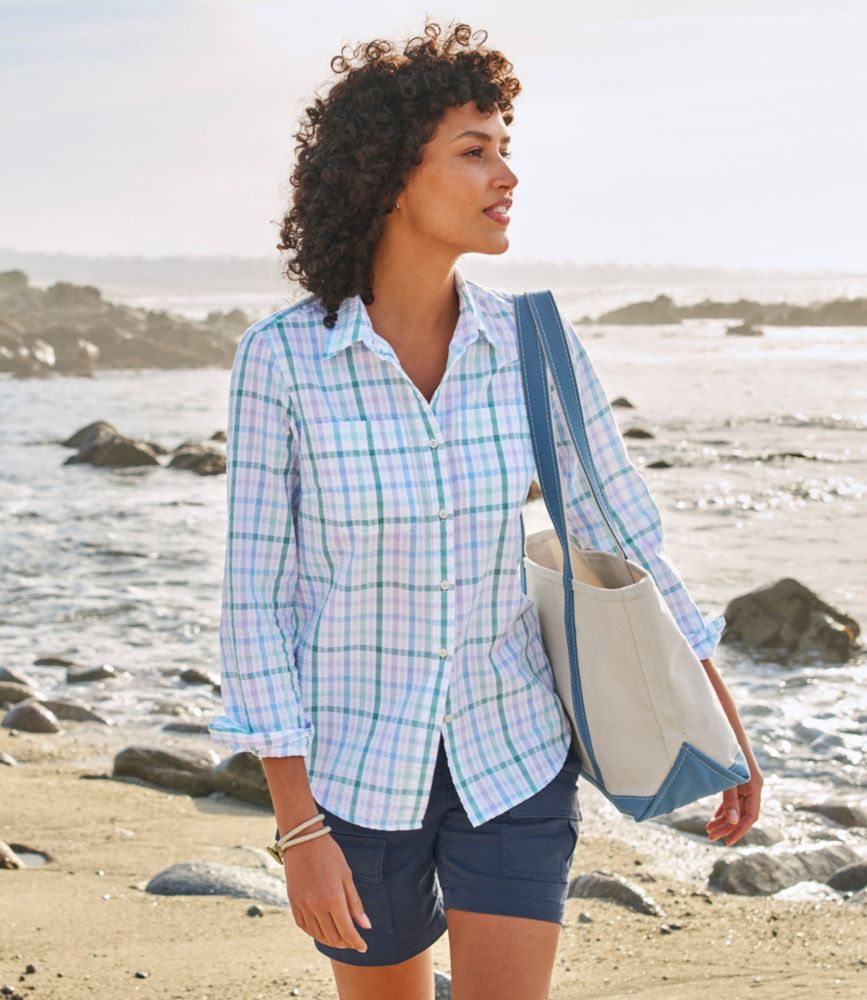 Women's Vacationland Seersucker Shirt, Long-Sleeve Plaid, Flag Blue Plaid, small image number 6