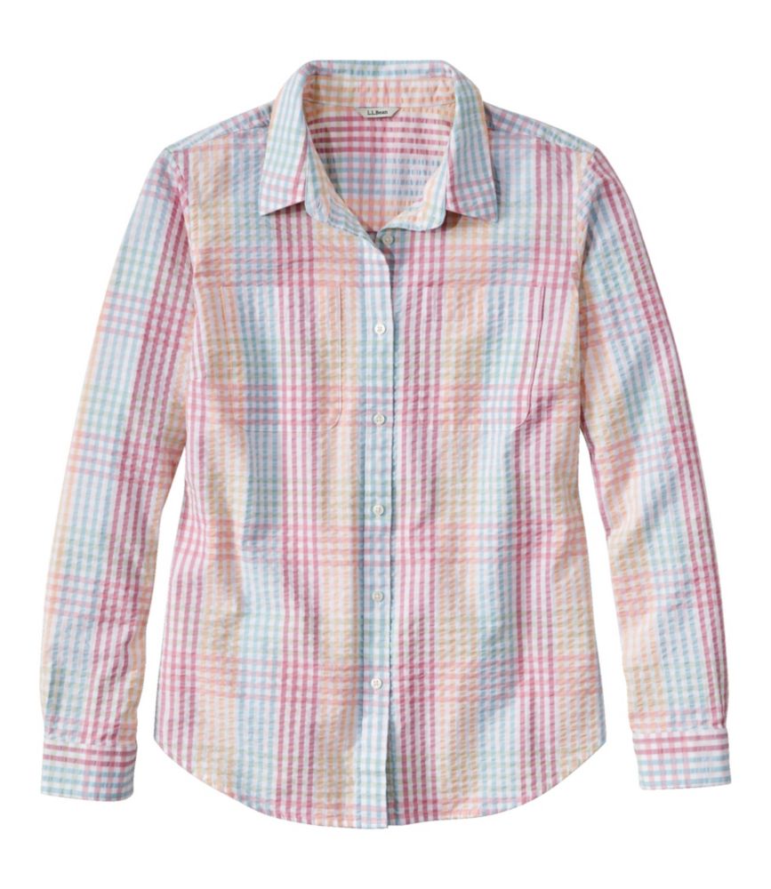 Women's Vacationland Seersucker Shirt, Long-Sleeve Plaid, Sunrise Pink Check, small image number 1