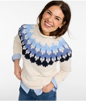 Women's Cotton Ragg Sweater, Funnelneck Pullover Fair Isle