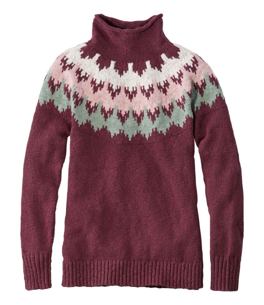 Women's Cotton Ragg Sweater, Funnelneck Pullover Fair Isle, Deep Wine Fair Isle, small image number 1