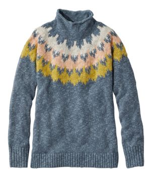 Women's Cotton Ragg Sweater, Funnelneck Pullover Fair Isle