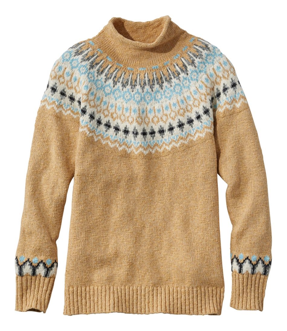 Women's Cotton Ragg Sweater, Funnelneck Pullover Fair Isle