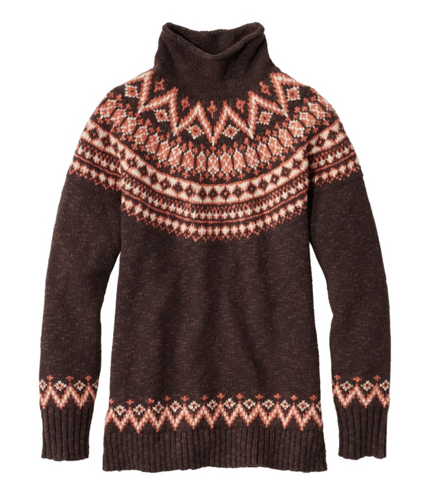 Women's Cotton Ragg Sweater, Funnelneck Pullover Fair Isle, Deepest Brown Fair Isle, small image number 1