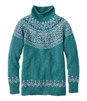 Women's Cotton Ragg Sweater, Funnelneck Pullover Fair Isle