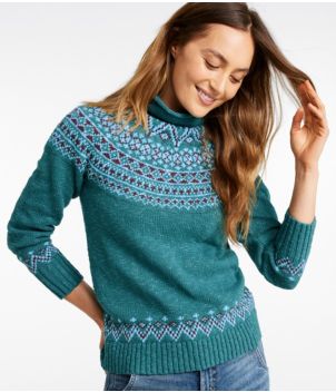 Women's Cotton Ragg Sweater, Funnelneck Pullover Fair Isle