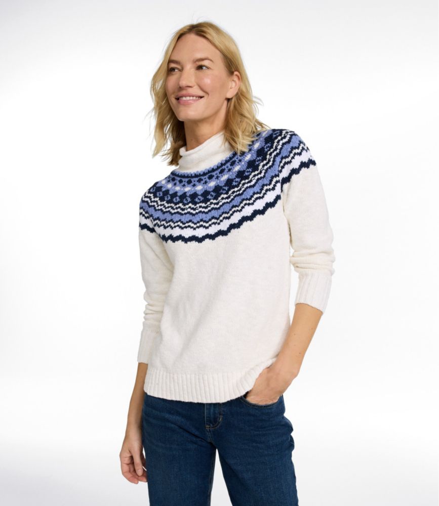 Women's Cotton Ragg Sweater, Funnelneck Pullover Fair Isle