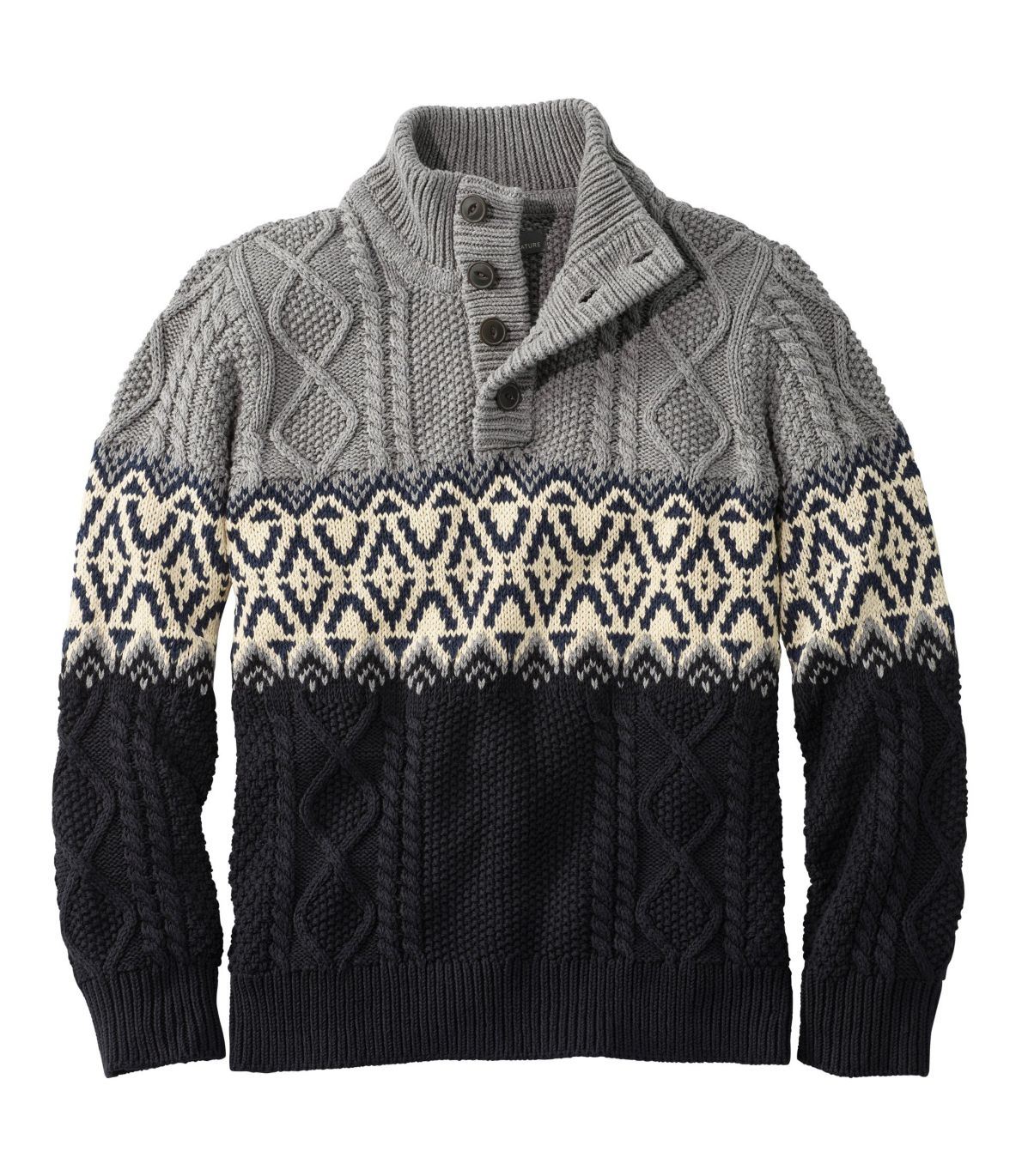 Men's Signature Cotton Fisherman Sweater, Henley, Fair Isle