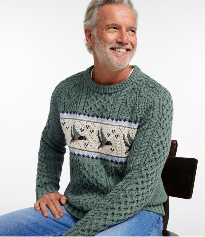 Men's Signature Cotton Fisherman Sweater, Crewneck, Fair Isle, Sea Green Duck Fair Isle, small image number 2