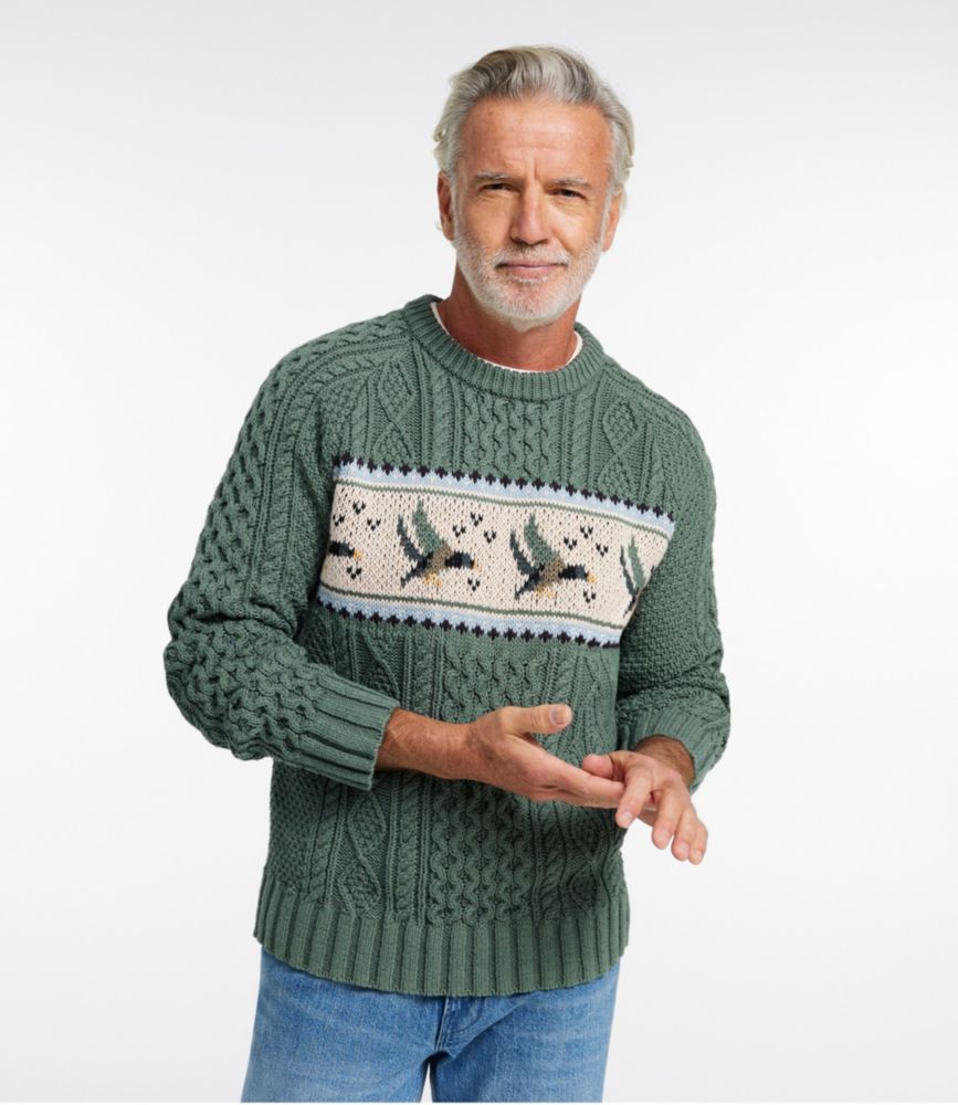Men's Signature Cotton Fisherman Sweater, Crewneck, Fair Isle, Light Mocha Fair Isle, small image number 6