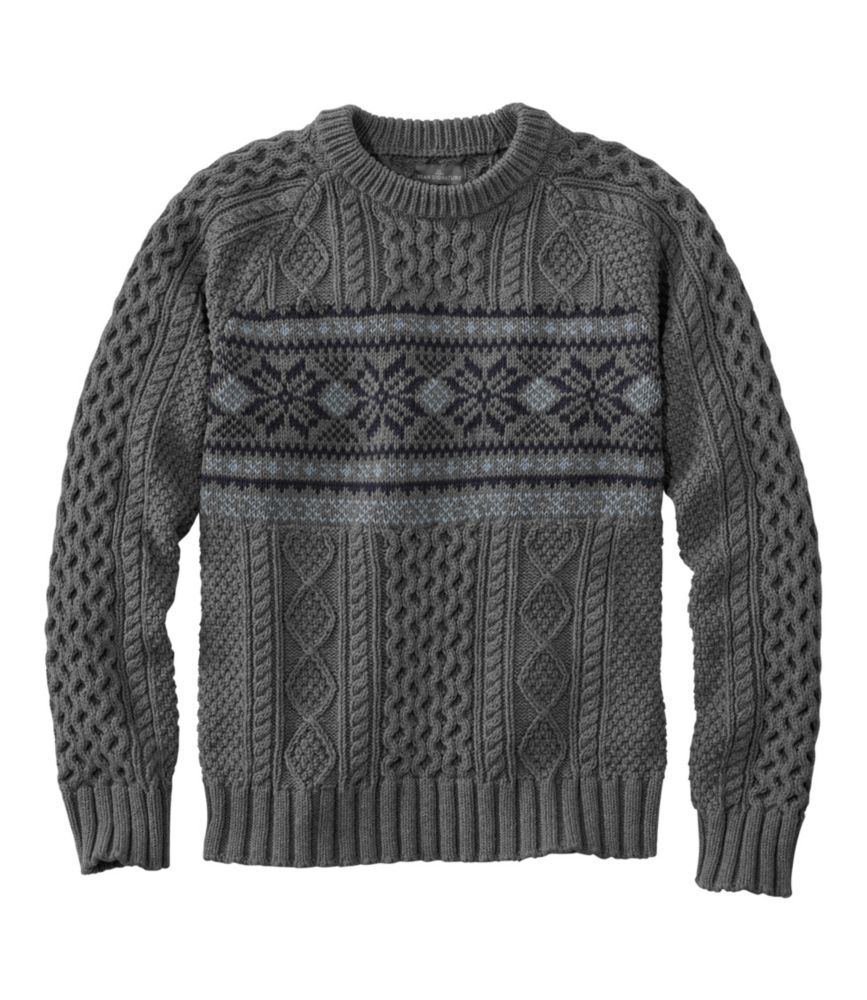 Men's Signature Cotton Fisherman Sweater, Crewneck, Fair Isle, Light Gray Heather Fair Isle, small image number 1