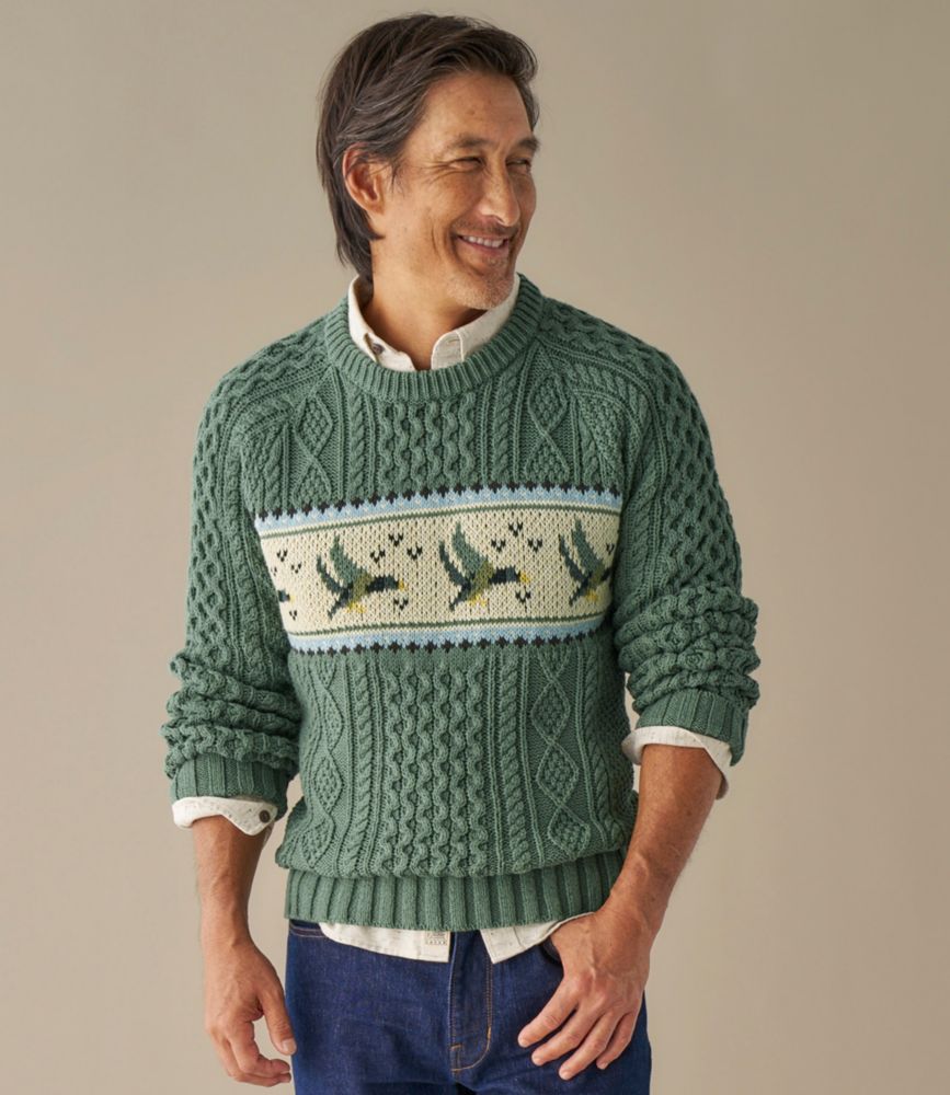 Men's Signature Cotton Fisherman Sweater, Crewneck, Fair Isle