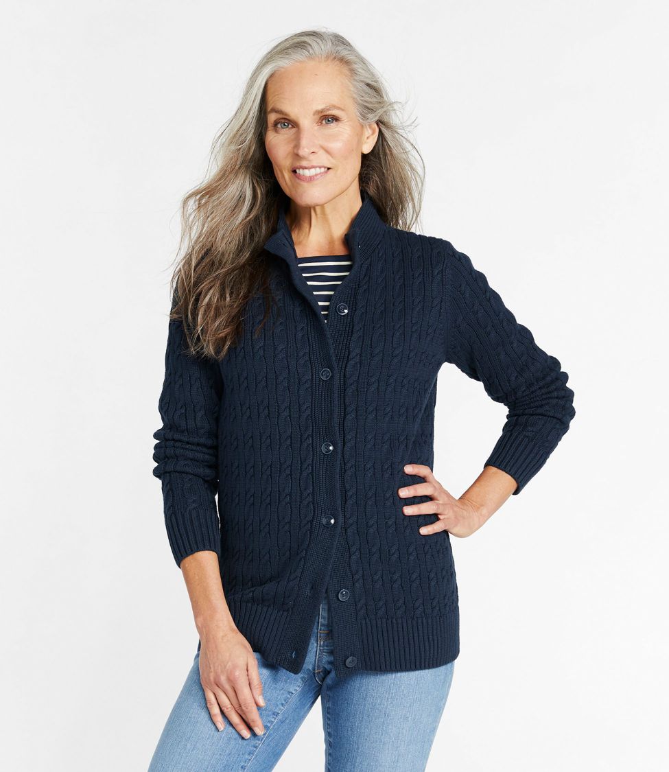 Women's Double L Mixed-Cable Sweater, Button-Front Cardigan at 