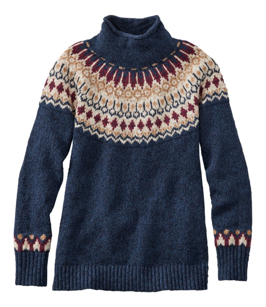 Women's Cotton Ragg Sweater, Funnelneck Pullover Fair Isle