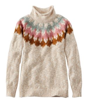 Women's Cotton Ragg Sweater, Funnelneck Pullover Fair Isle