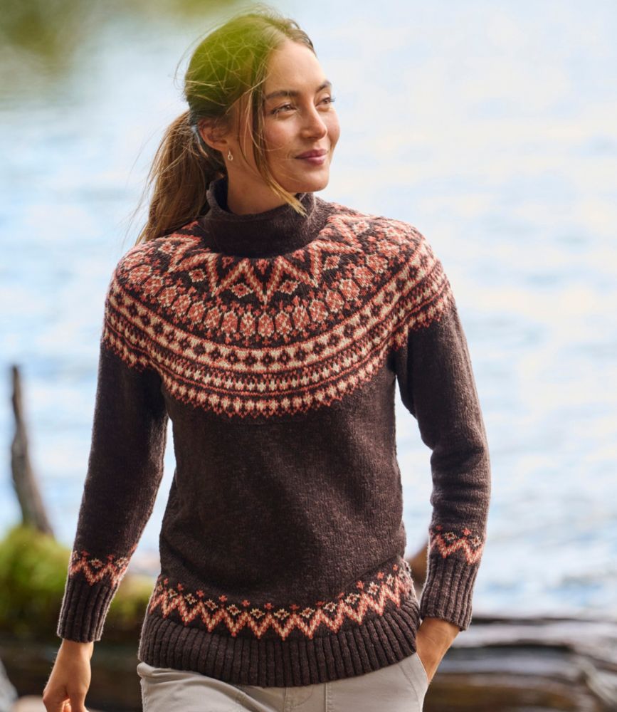 Women's Cotton Ragg Sweater, Funnelneck Pullover Fair Isle