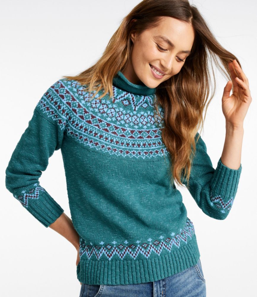 Women's Cotton Ragg Sweater, Funnelneck Pullover Fair Isle