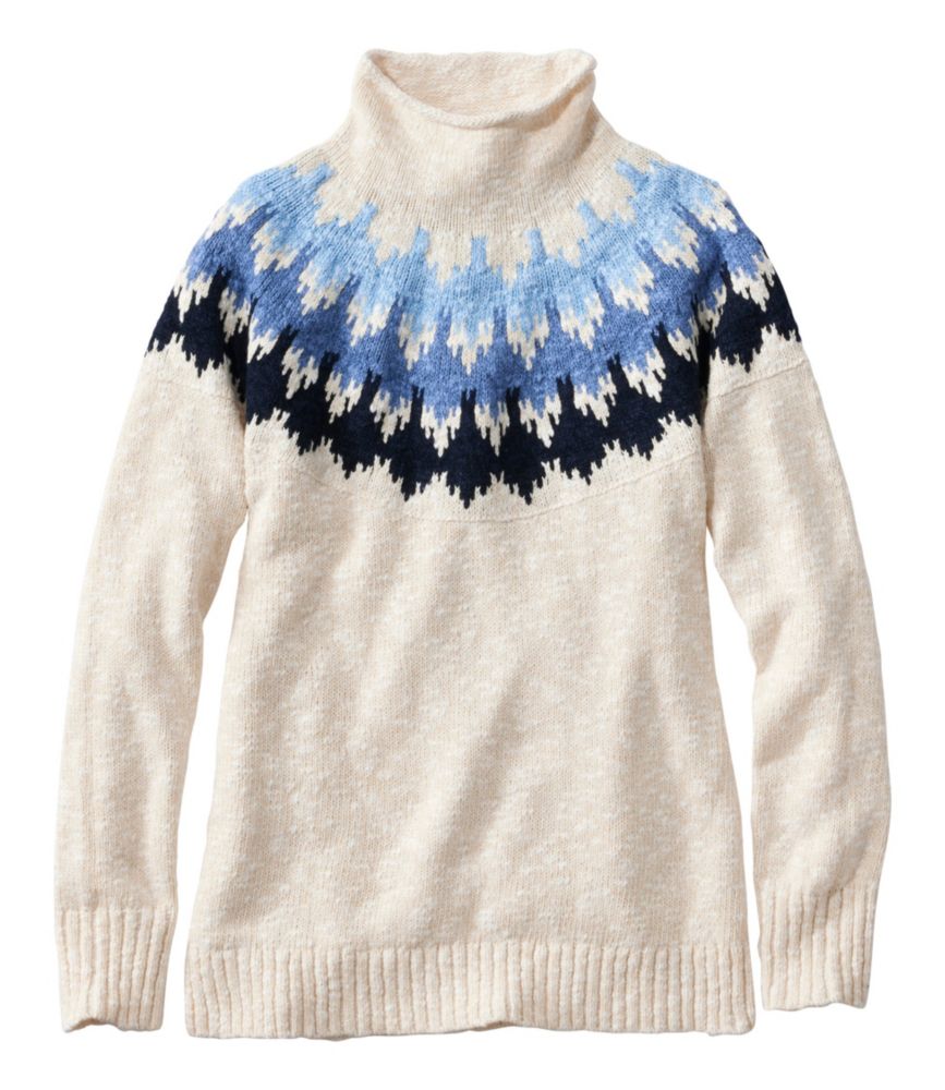 Women's Cotton Ragg Sweater, Funnelneck Pullover Fair Isle