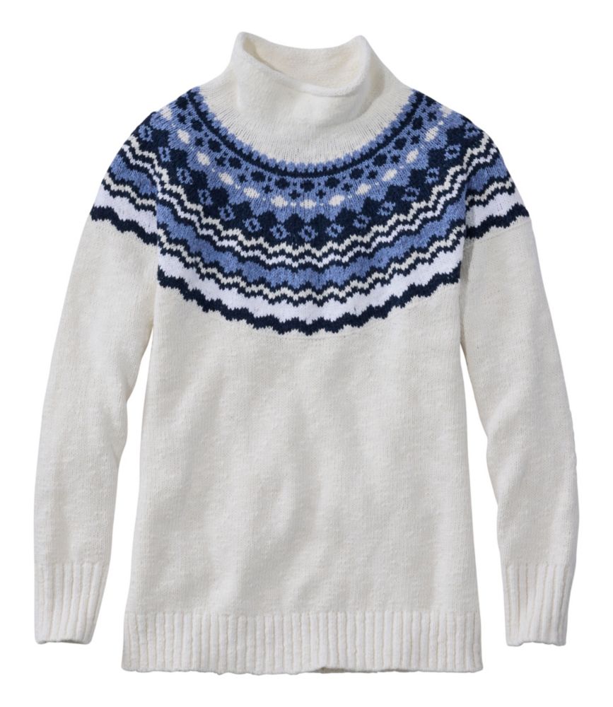 Women's Cotton Ragg Sweater, Funnelneck Pullover Fair Isle