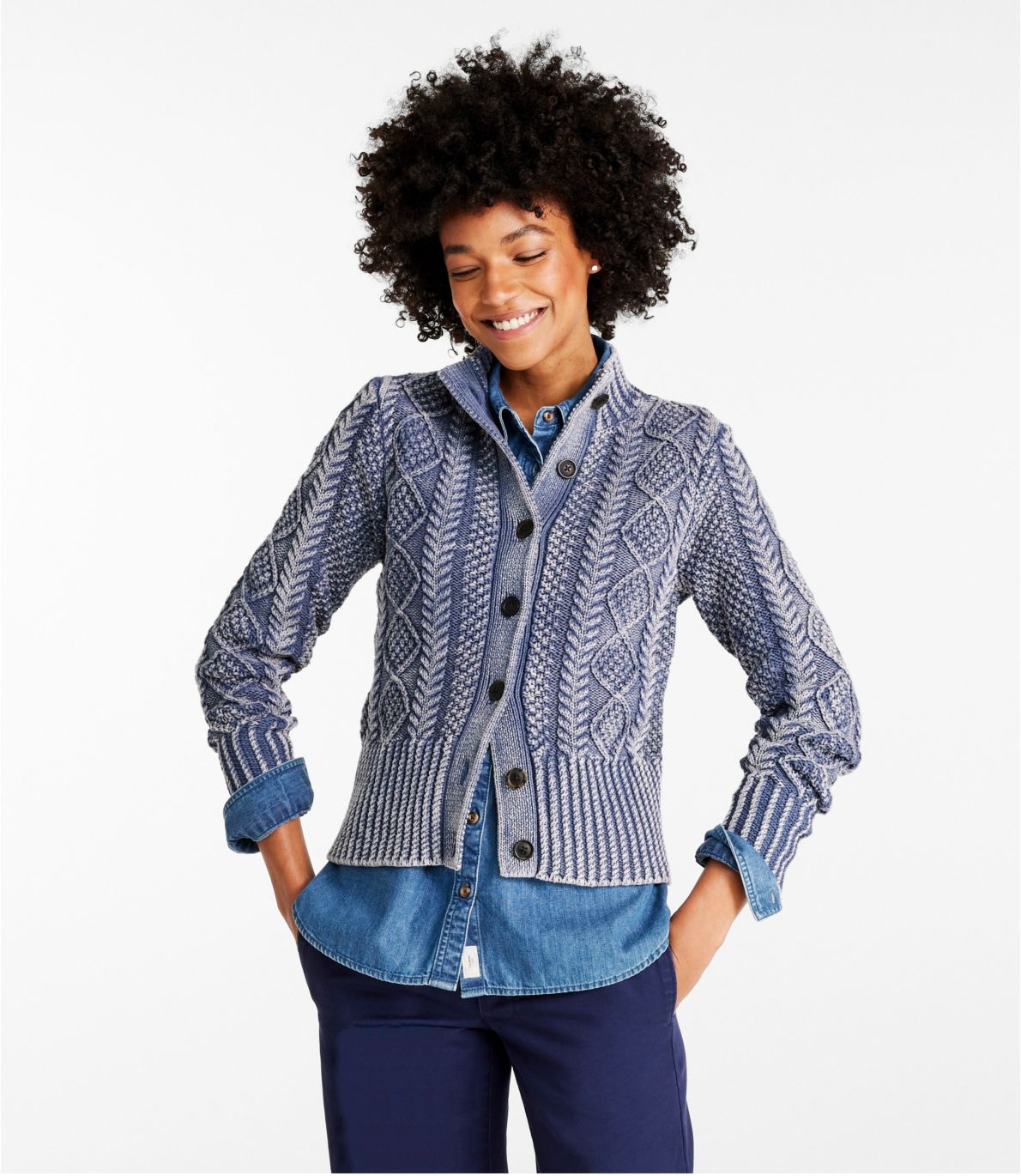 Women's Signature Cotton Fisherman Sweater, Short Cardigan Washed at L