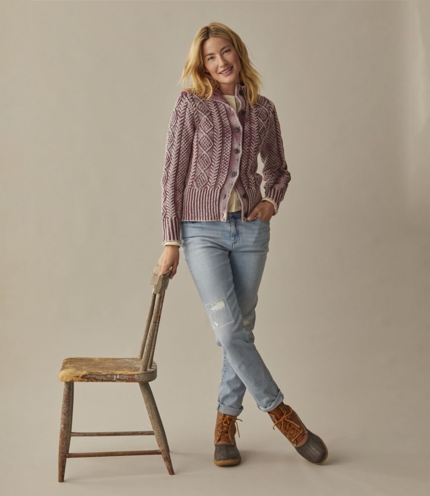 Women's Signature Cotton Fisherman Sweater, Short Cardigan Washed, Deep Port Washed, small image number 4