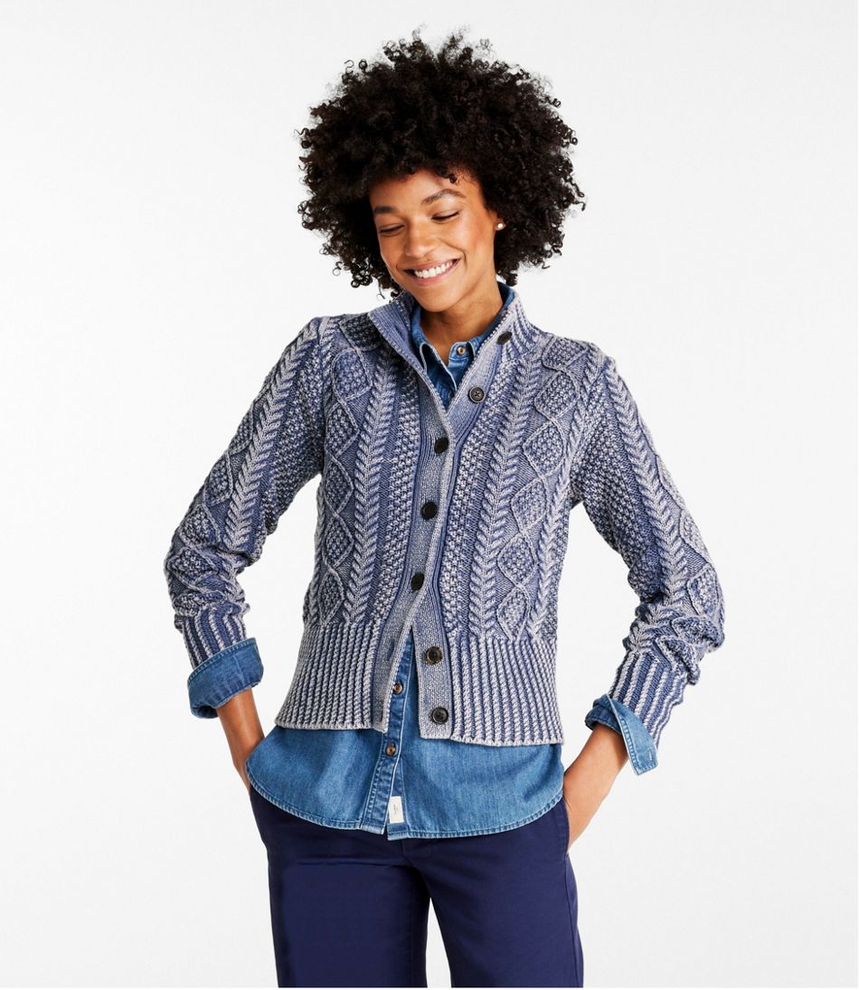 Women's Signature Cotton Fisherman Sweater, Short Cardigan Sweater Washed Atlantic Blue Washed Large, Cotton/Cotton Yarns | L.L.Bean