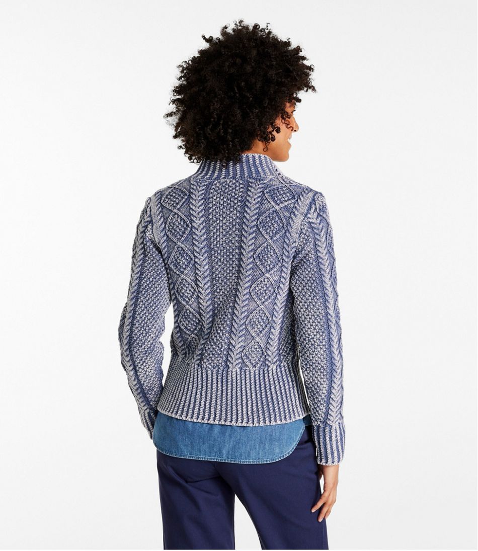 Women's Signature Cotton Fisherman Sweater, Short Cardigan Sweater Washed Atlantic Blue Washed Large, Cotton/Cotton Yarns | L.L.Bean