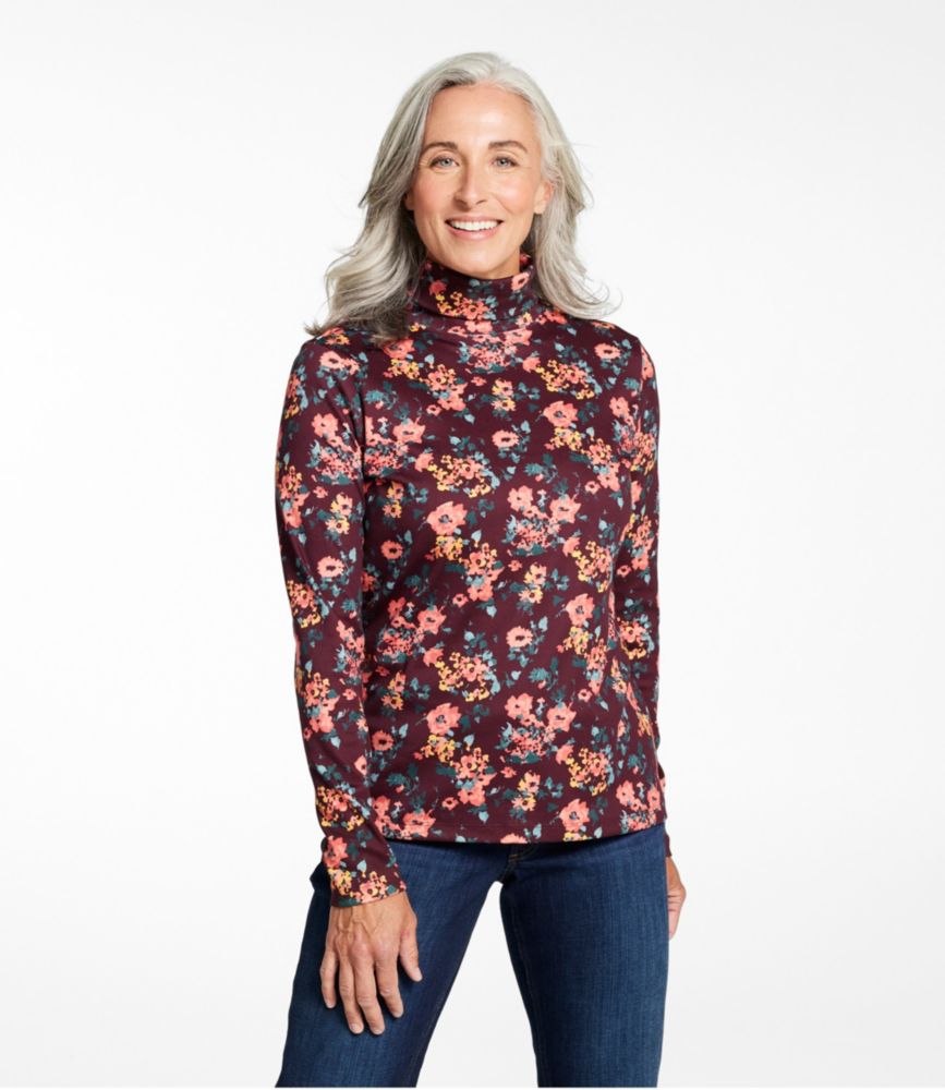 Women's Pima Cotton Turtleneck, Long-Sleeve Print, Dark Pine Winter Floral, small image number 2