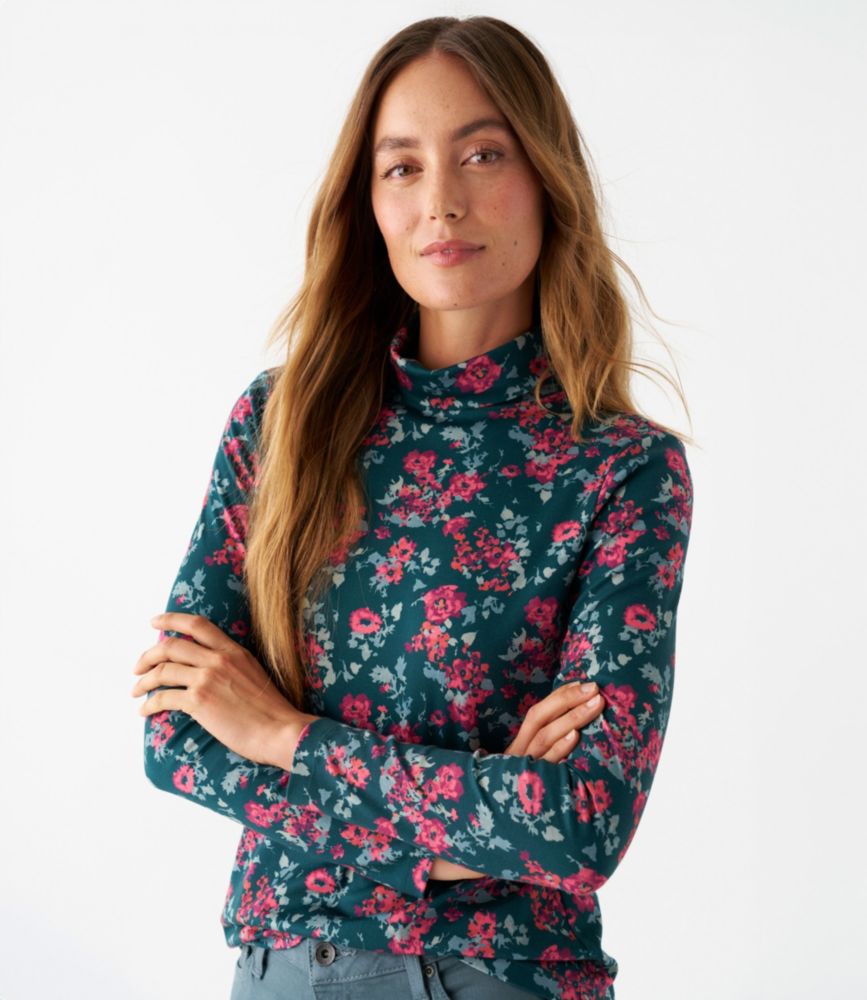 Women's Pima Cotton Turtleneck, Long-Sleeve Print, Dark Pine Winter Floral, small image number 4