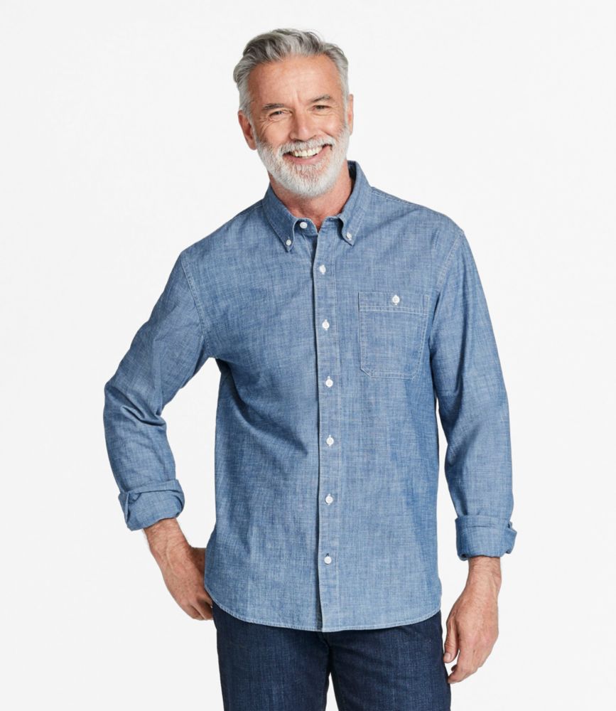 Men's Comfort Stretch Chambray Shirt, Traditional Untucked Fit, Long-Sleeve, Barley, small image number 2