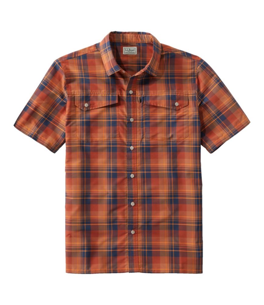 LL Bean Mens XXL Fishing Shirt Short Sleeve Orange Tan Plaid Button Up  Vented