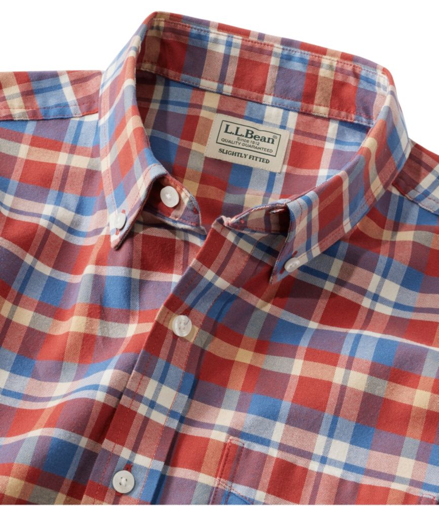 Men's Comfort Stretch Oxford, Slightly Fitted Untucked Fit, Short-Sleeve, Plaid, Faded Orange, small image number 6