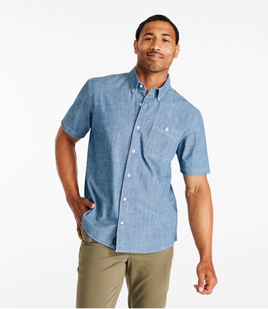 Men's Comfort Stretch Chambray Shirt, Traditional Untucked Fit, Short-Sleeve, Dark Indigo, small image number 2