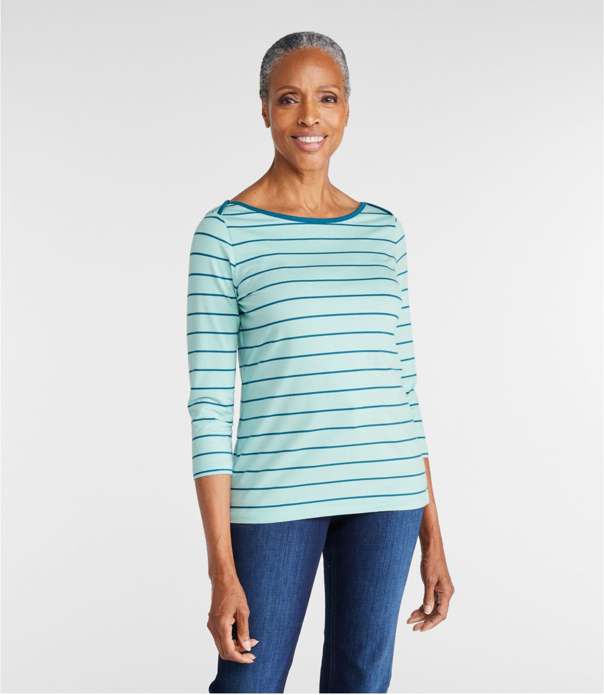 Women's Soft Stretch Supima Tee, ThreeQuarterSleeve Boatneck Stripe