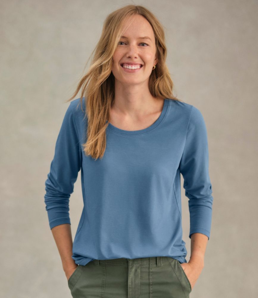 Women's Soft Stretch Supima-Blend Tee, Scoopneck Long-Sleeve