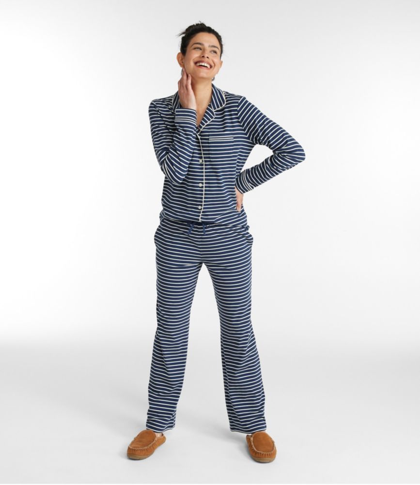 Women's Super-Soft Shrink-Free Button Front Pajama Set, Stripe, Classic Navy/Cream Stripe, small image number 2