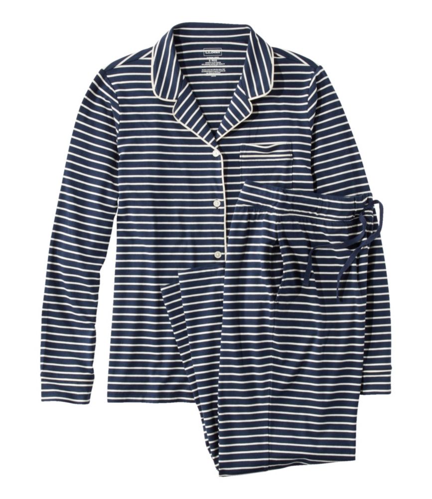 Women s Super Soft Shrink Free Button Front Pajama Set Stripe Classic Navy Cream Stripe Small Cotton Blend L.L.Bean