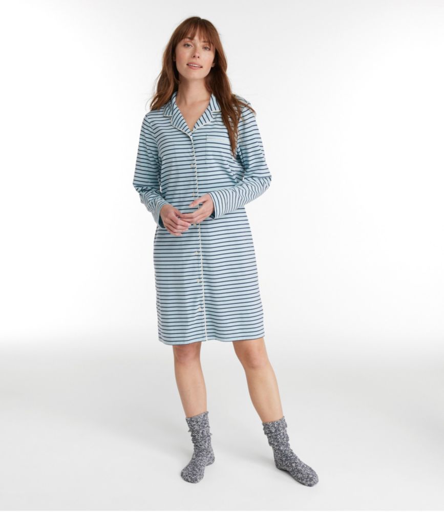 Women's Super-Soft Shrink-Free Button-Front Nightgown, Stripe, Classic Navy/Cream Stripe, small image number 2