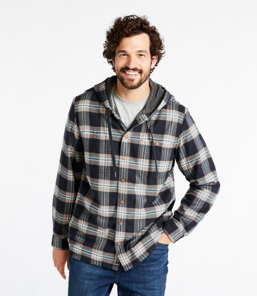 Men's Fleece-Lined Flannel Shirt, Hooded Snap Front, Slightly Fitted, Allspice, small image number 2