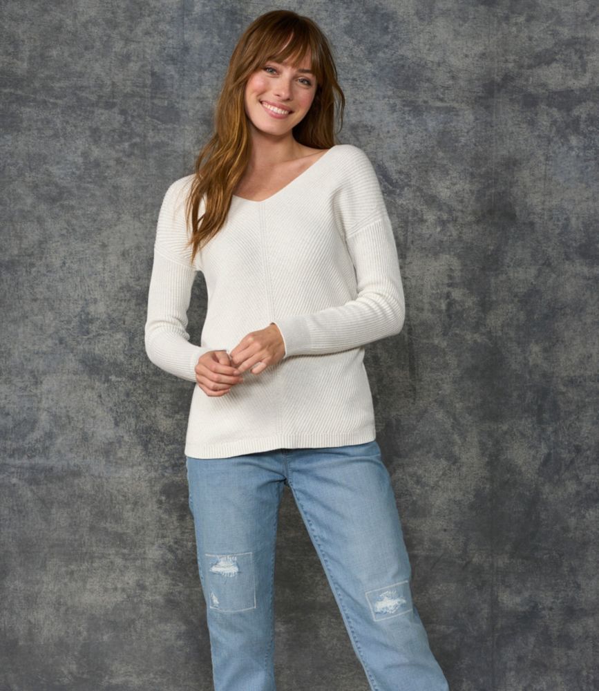 Women's Cotton Shaker-Stitch Sweater, V-Neck, , small image number 2