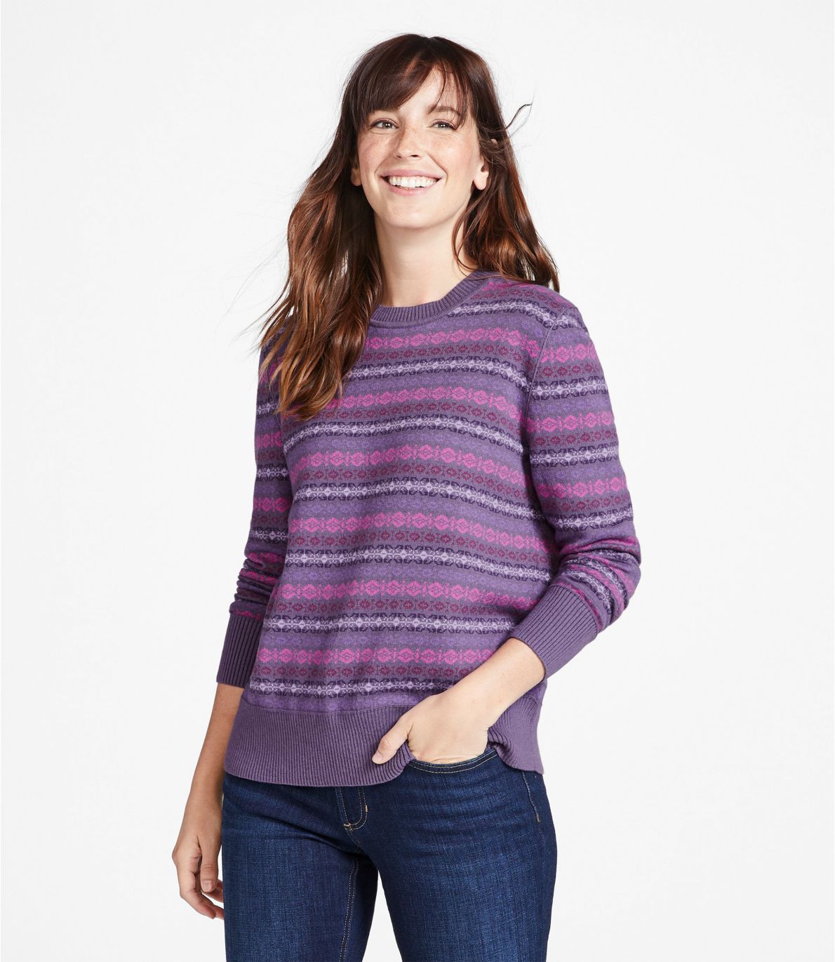 Women's Cotton/Cashmere Sweater, Crewneck Fair Isle