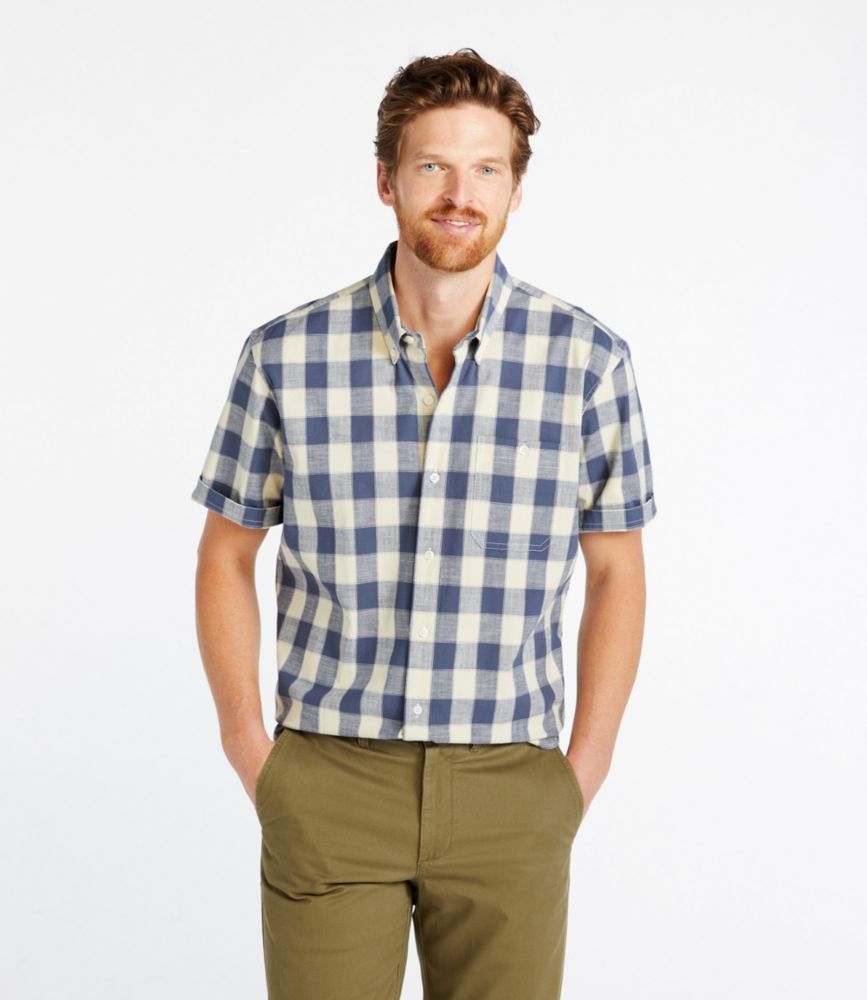 Men's Comfort Stretch Chambray Shirt, Traditional Untucked Fit, Short-Sleeve, Plaid, Bright Mariner, small image number 2