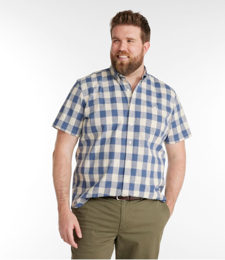 Men's Comfort Stretch Chambray Shirt, Traditional Untucked Fit, Short-Sleeve, Plaid, Bright Mariner, small image number 4