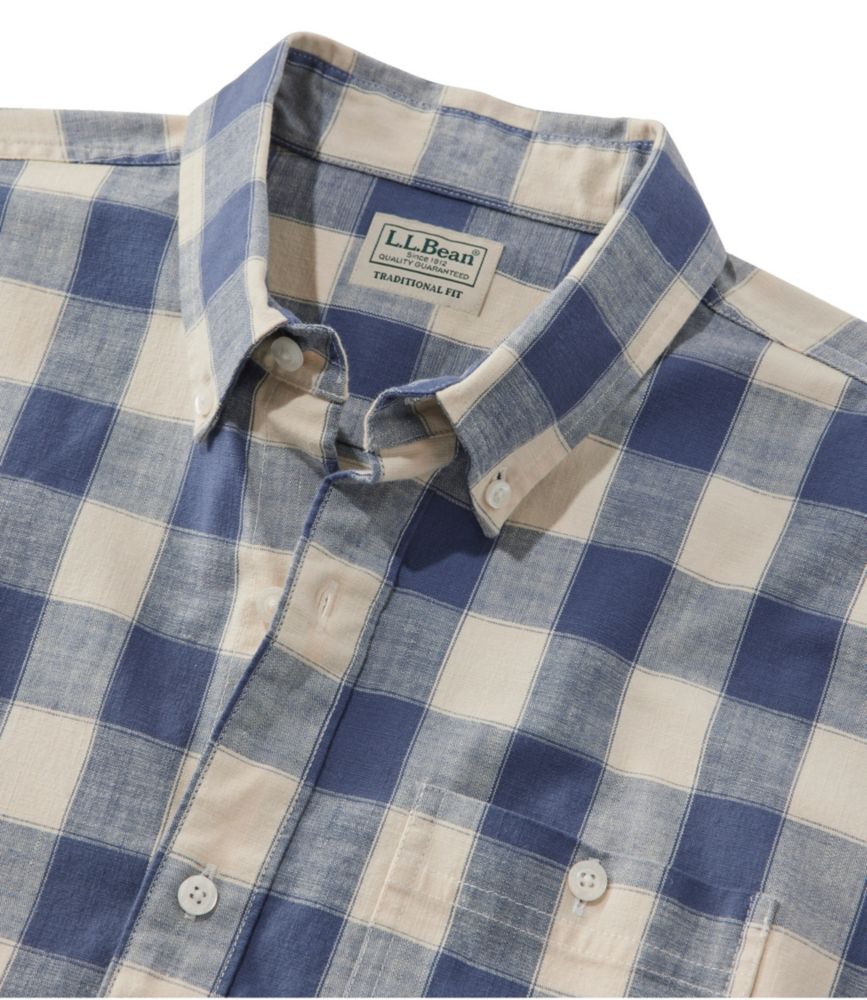 Men's Comfort Stretch Chambray Shirt, Traditional Untucked Fit, Short-Sleeve, Plaid, Navy, small image number 6