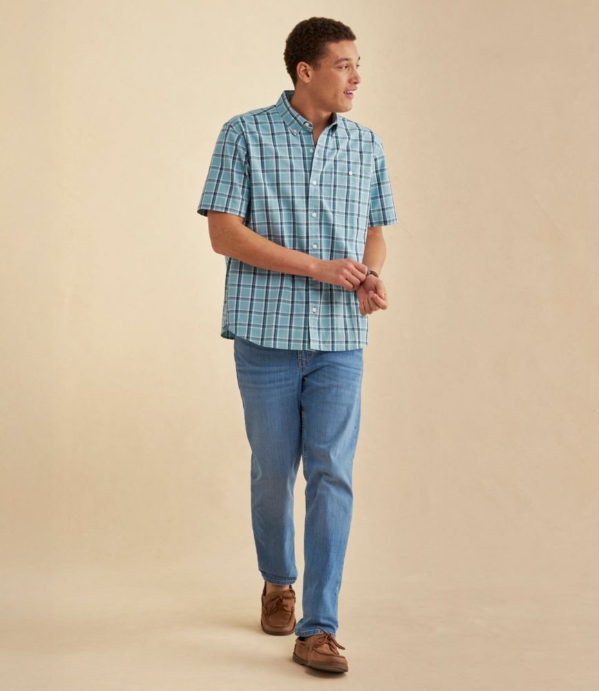 Men's Comfort Stretch® Chambray Shirt, Traditional Untucked Fit, Short-Sleeve, Plaid
