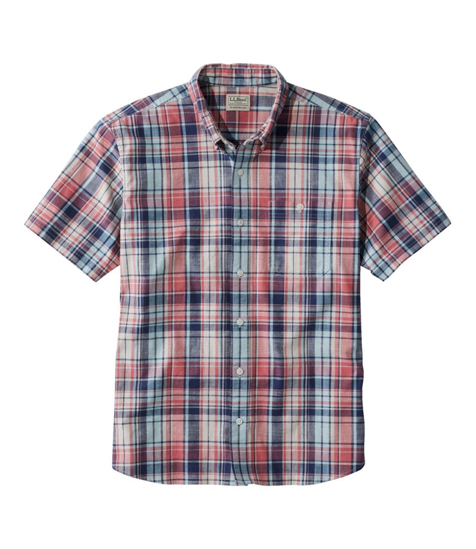 Men's Comfort Stretch Chambray Shirt, Traditional Untucked Fit, Short-Sleeve, Plaid