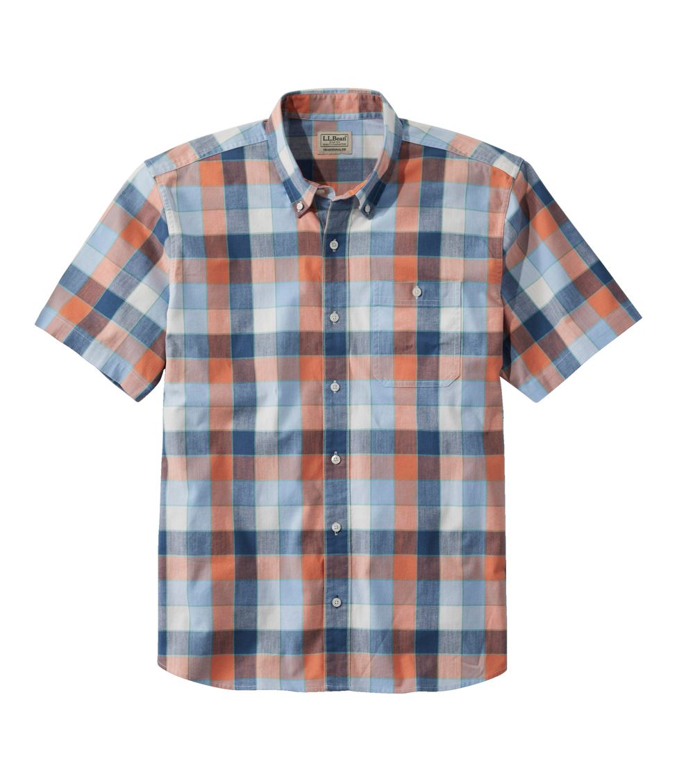 Men's Comfort Stretch Chambray Shirt, Traditional Untucked Fit, Short-Sleeve,  Plaid at L.L. Bean
