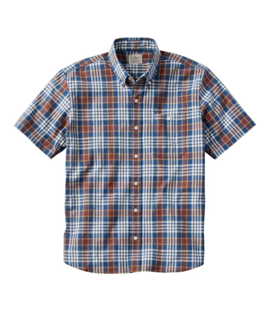 Men's Comfort Stretch Chambray Shirt, Traditional Untucked Fit, Short-Sleeve, Plaid, Bright Mariner, small image number 1