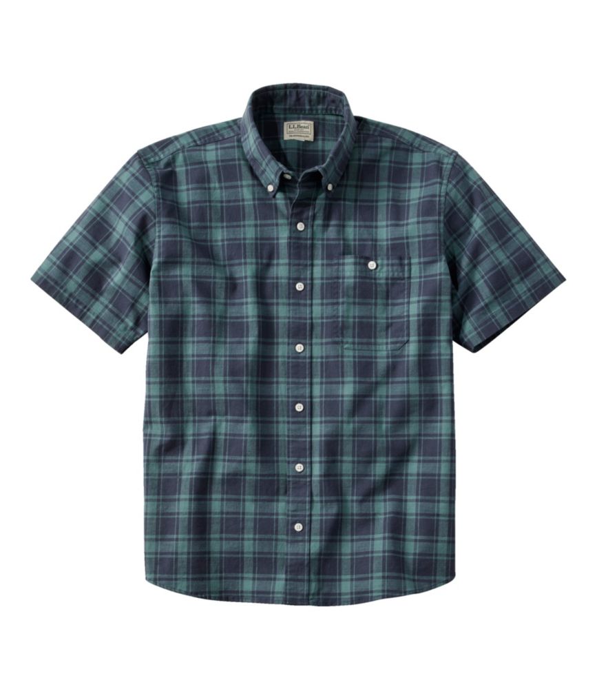 Men's Comfort Stretch Chambray Shirt, Traditional Untucked Fit, Short-Sleeve, Plaid, Navy, small image number 1