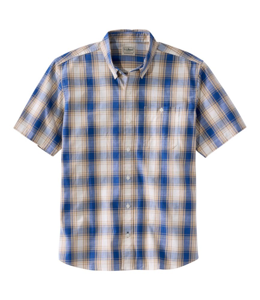Men's Comfort Stretch® Chambray Shirt, Traditional Untucked Fit, Short-Sleeve, Plaid